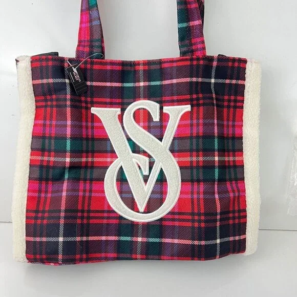Victoria Secret Plaid Tote Bag  Sherpa Trim & Logo Pink Red Green - Picture 4 of 6